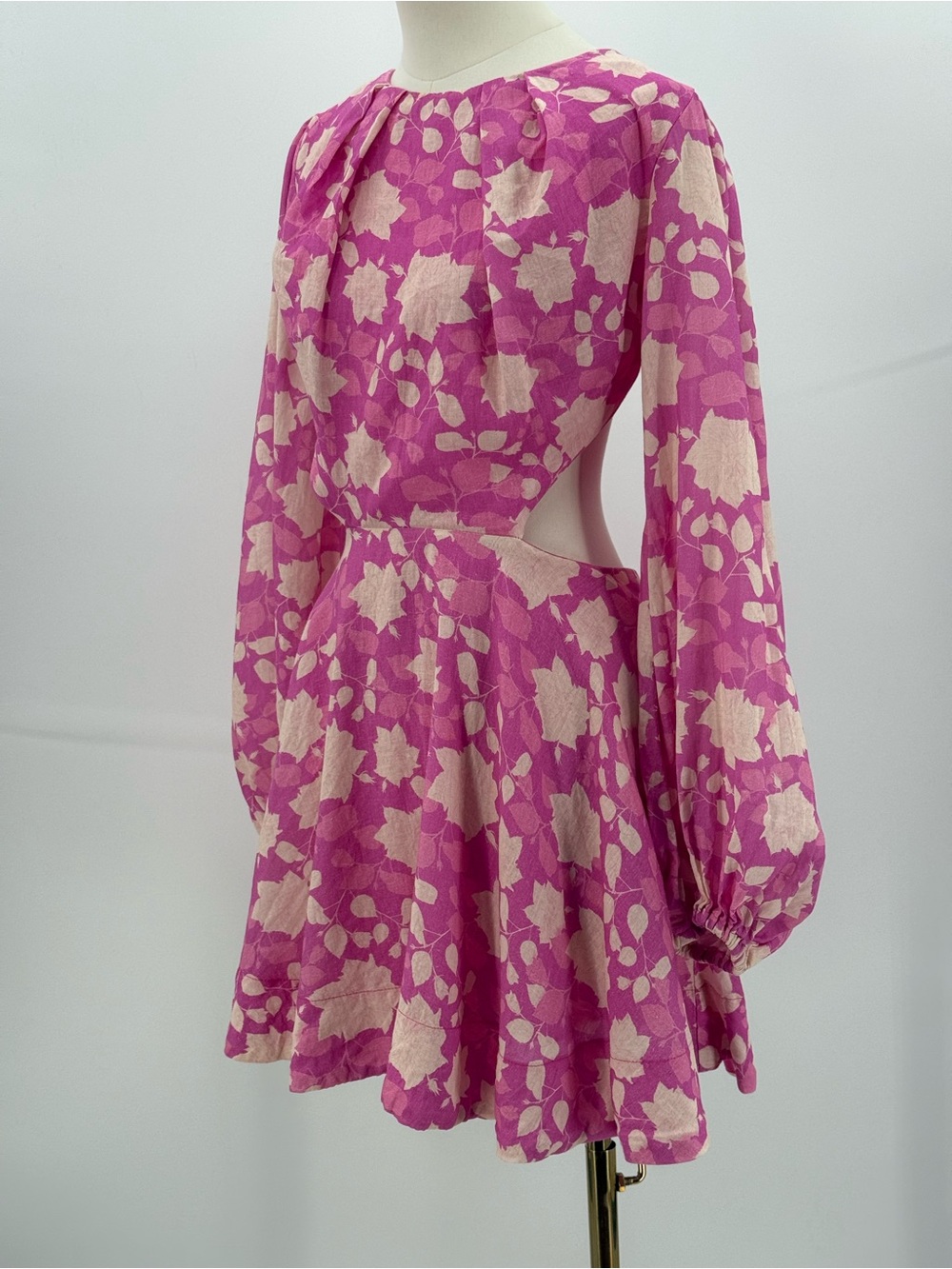 Bardot Pink Floral Mini Dress Puff Sleeve Cutout Fit & Flare Party Cocktail SZ L - Picture 8 of 13